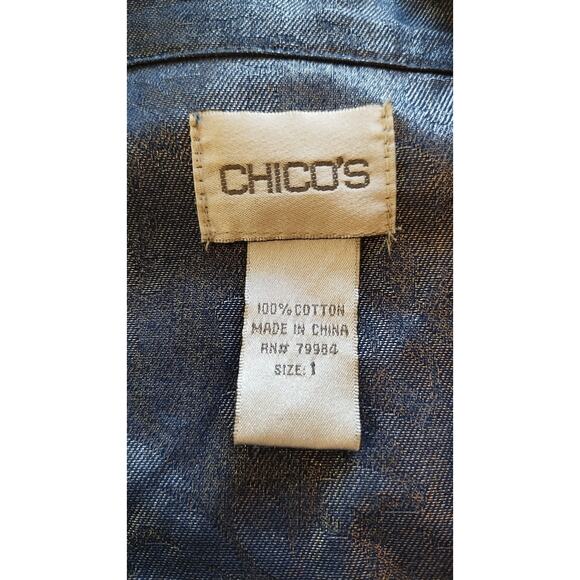Chicos Women's Blue Floral Metallic Shimer Roll Tab Sleeve Jacket Size 1 - Picture 10 of 16